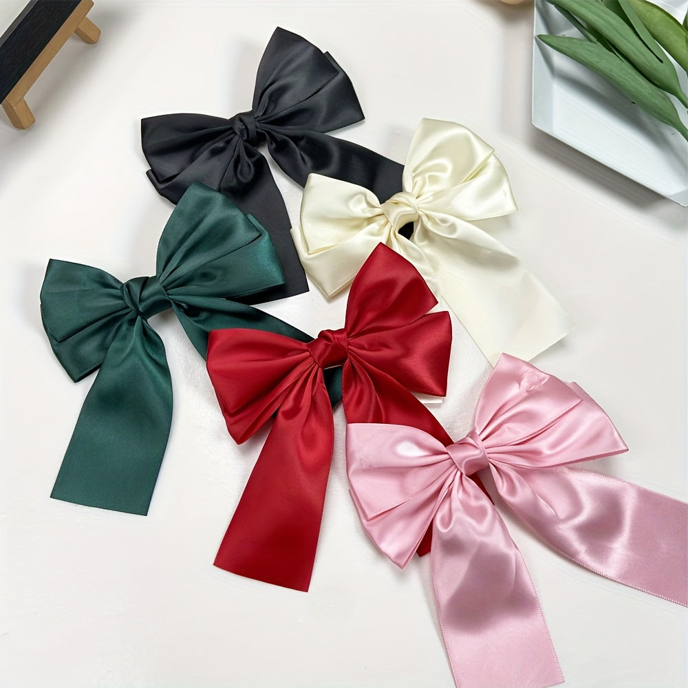 5-Pack Satin Fabric Bow Hair Clips for Women & Teens – Solid Color Crocodile Clip Set, Elegant Christmas Hair Bows