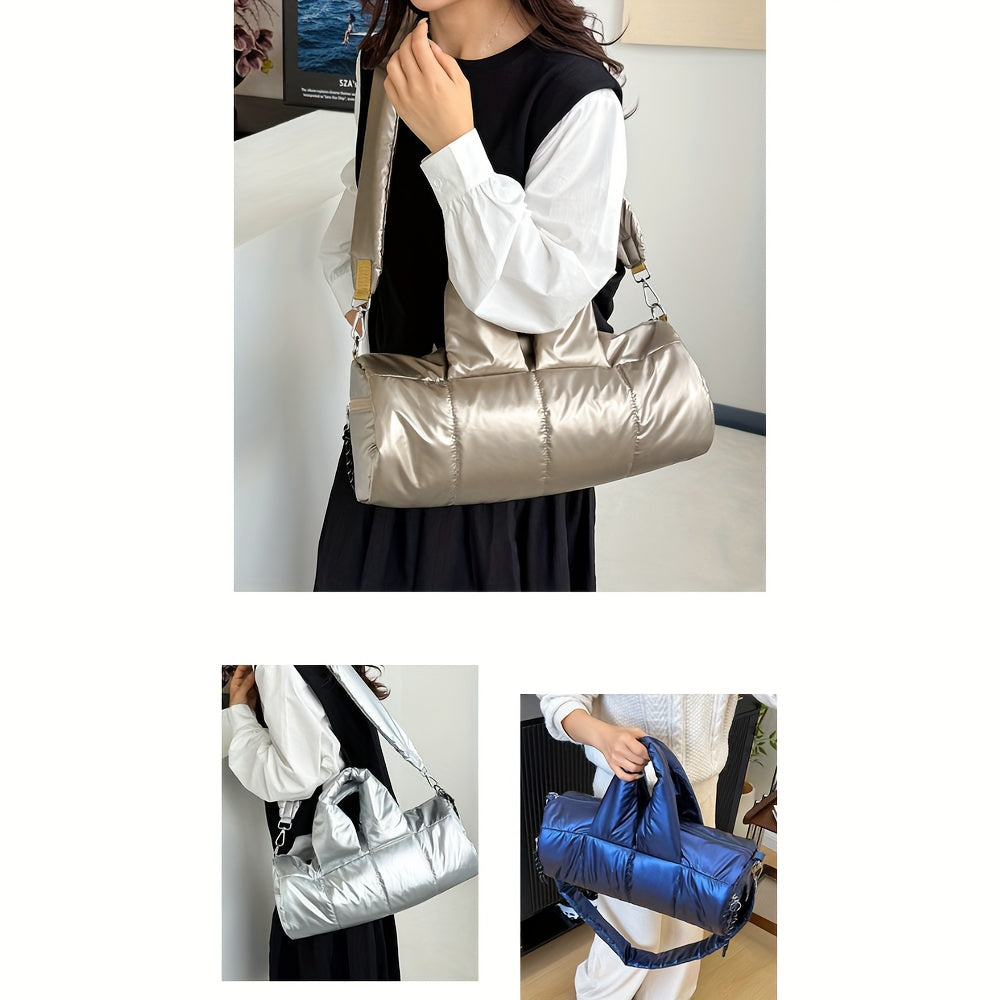 Quilted Puff Bucket Shoulder Bag Large Capacity PU Handbag with Detachable Strap Gold-Tone Hardware Zipper Closure Champagne Black Silver Blue