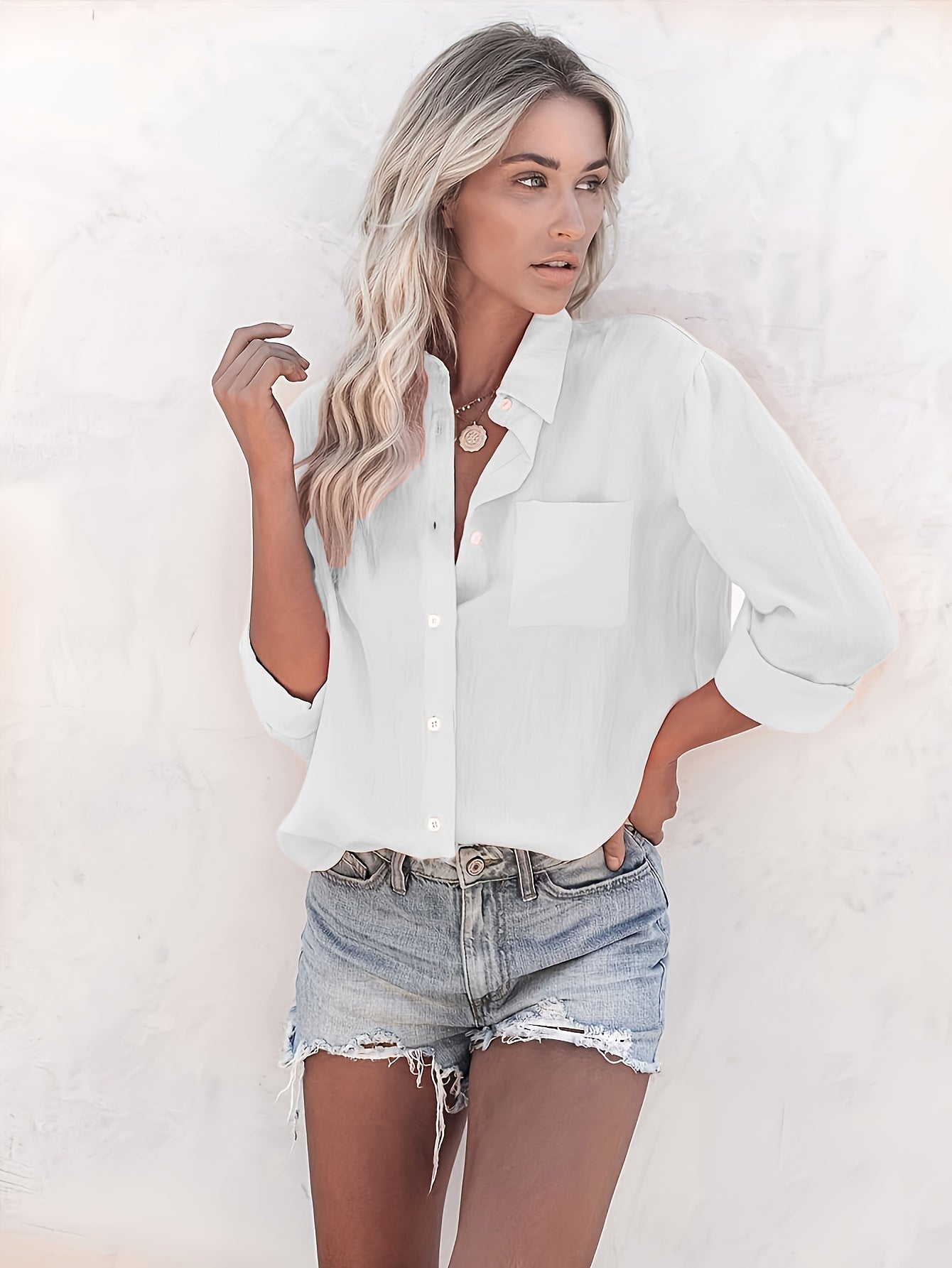 Women's Long Sleeve Button-Up Shirt – Classic Collar Blouse for Office & Everyday, All-Season Easy-Care Top