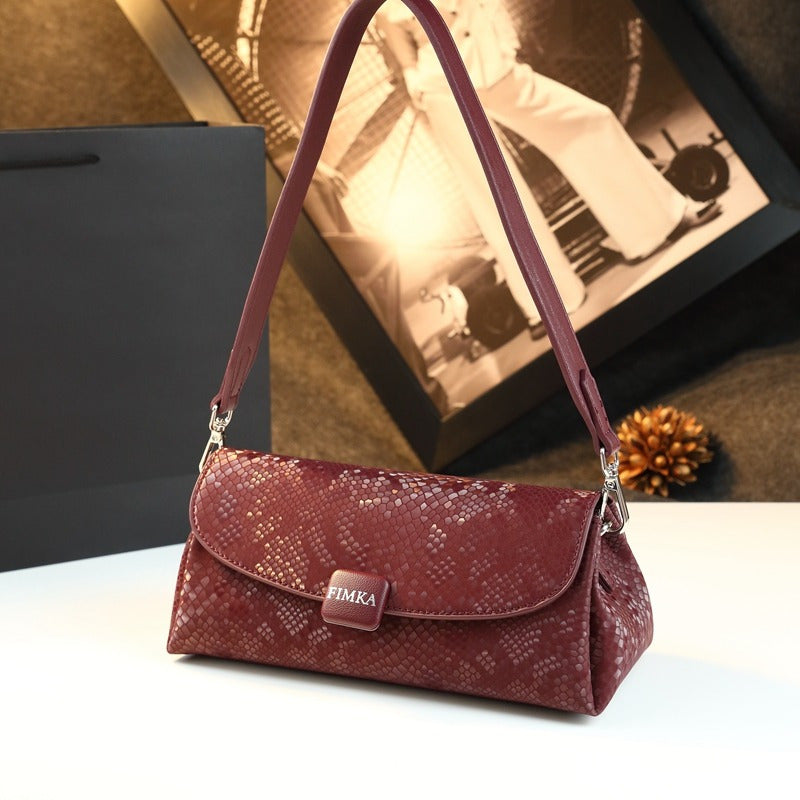 Elegant Snake-Print Baguette Crossbody Bag — Detachable Strap & Wristlet, Split Leather