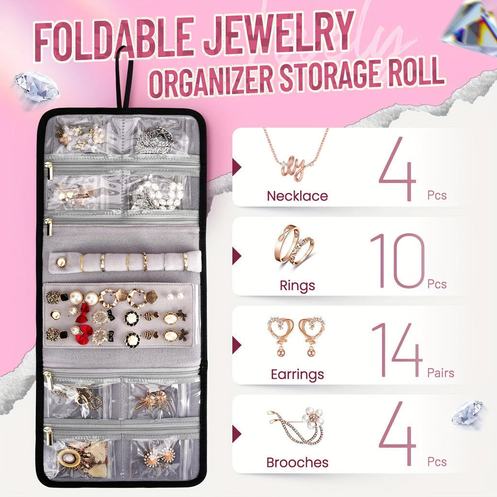 Large Travel Makeup Organizer Bag - 4 Removable Cases & Jewelry Roll, 13 in (33 cm) Pink Cosmetic Toiletry Case with Multiple Pockets