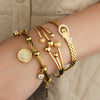 3-Pack Women's Western-Style Gold-Plated Stainless Steel Bracelet Set, Layered Heart Charms with Beads and Dangle Balls, Party & Festival Jewelry