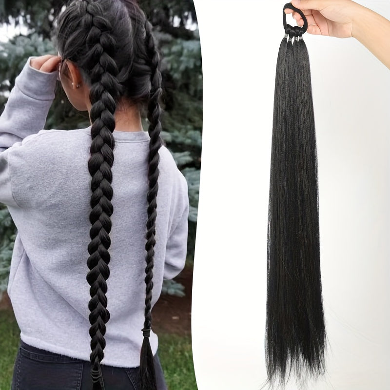 28-Inch (71 cm) Long Straight Synthetic Ponytail Extension, Wrap-Around Boxing Braid with Elastic Hair Ring for DIY