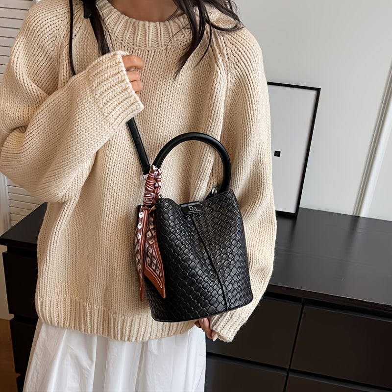 Women's Woven Bucket Handbag & Crossbody Bag - Detachable Strap, Gold-Tone Hardware, PU Leather Tote (Black, Beige, Green, Dark Brown)