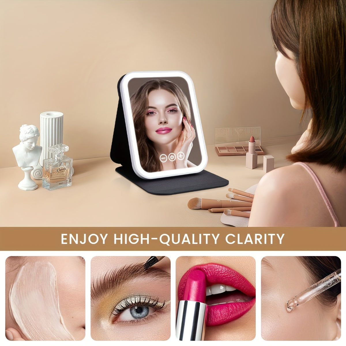 M MISS DREAM Portable Lighted Makeup Mirror - 3-Color Dimmable LED, Touch Control, USB-C Rechargeable, Foldable Tabletop Vanity Mirror, High-Quality Glass