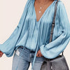 Green French Satin Tie-Front Blouse V-Neck Long Sleeve Ruched Top for Women