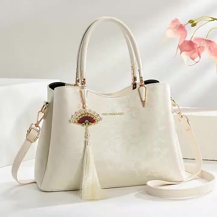 Beige Floral Commuter Handbag – Faux Leather Messenger Bag with Detachable Strap, Tassel & Gold Hardware
