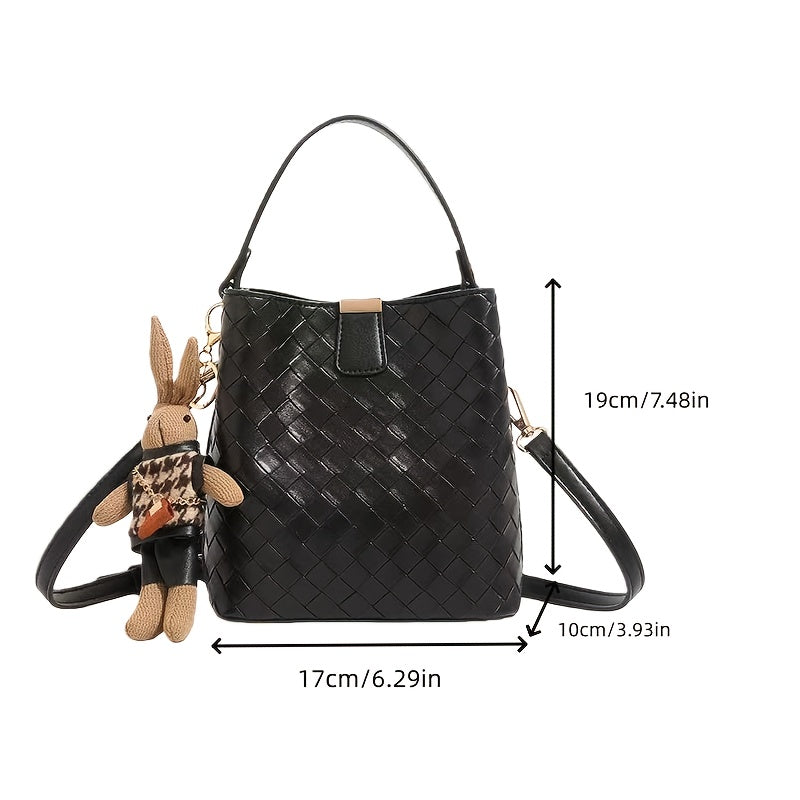 Women's Woven Faux Leather Bucket Handbag - Black Crossbody Shoulder Bag with Golden Hardware, Magnetic Closure, Adjustable Detachable Strap