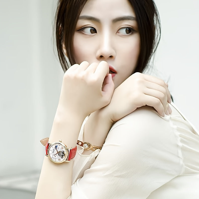 SOLLEN Women's Automatic Mechanical Watch — Luminous Hands, Day-Date & Chronograph, White Dial with Red Markers, Gold-Tone Hands, PU Leather Strap