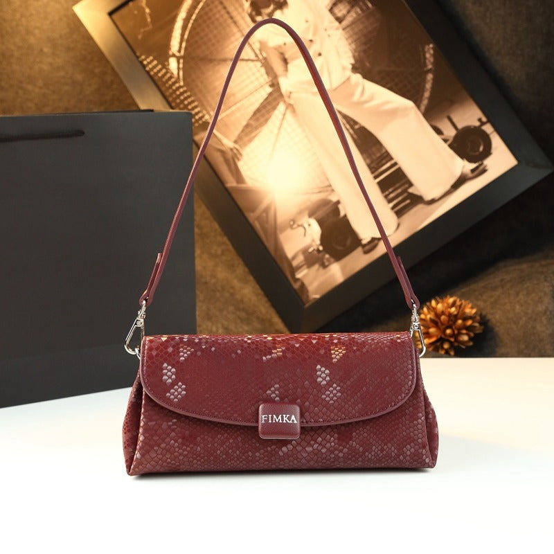 Elegant Snake-Print Baguette Crossbody Bag — Detachable Strap & Wristlet, Split Leather