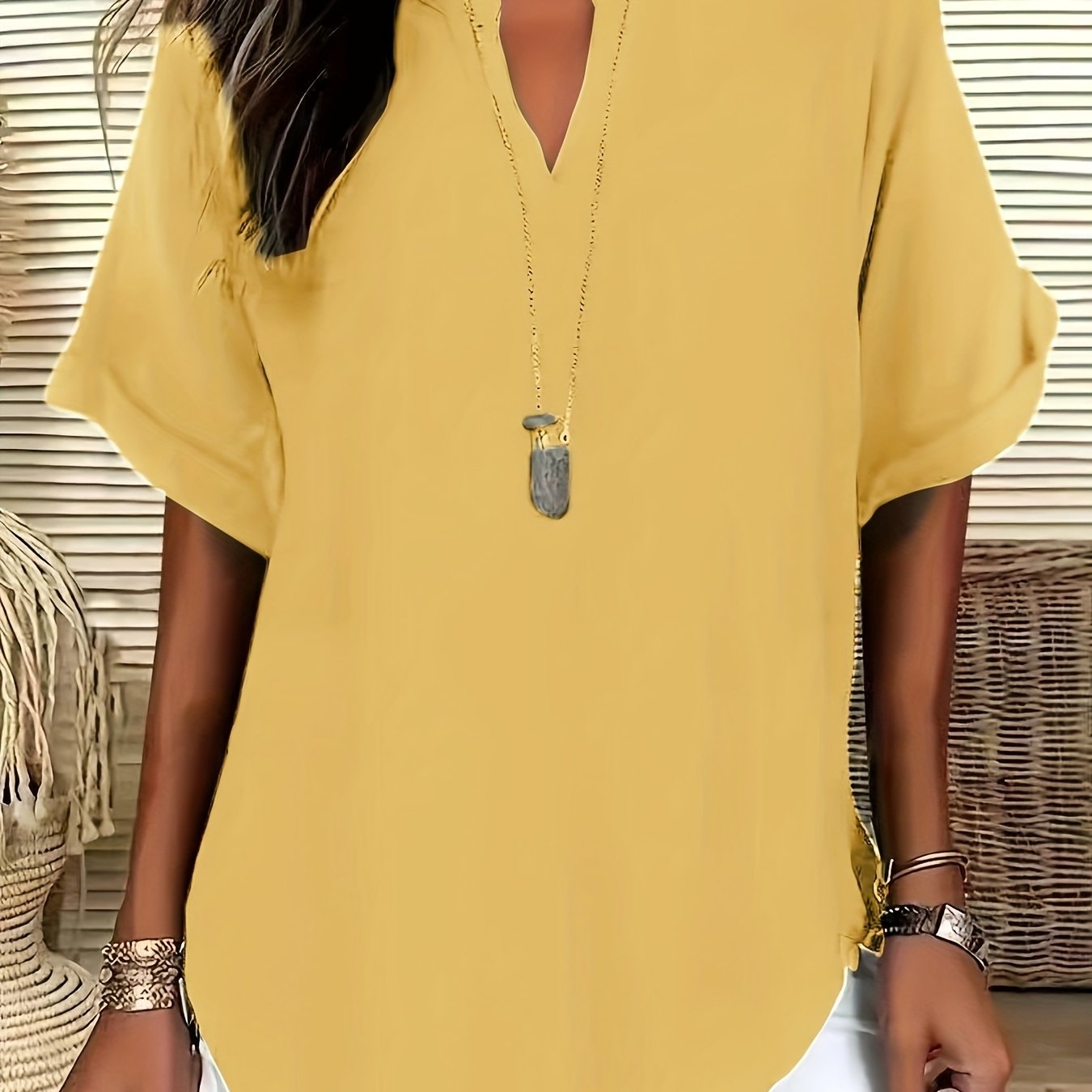 Plus Size V-Neck Blouse - Women's Short Sleeve Loose Batwing Top with Flared Hem, Stretchy Casual Shirt