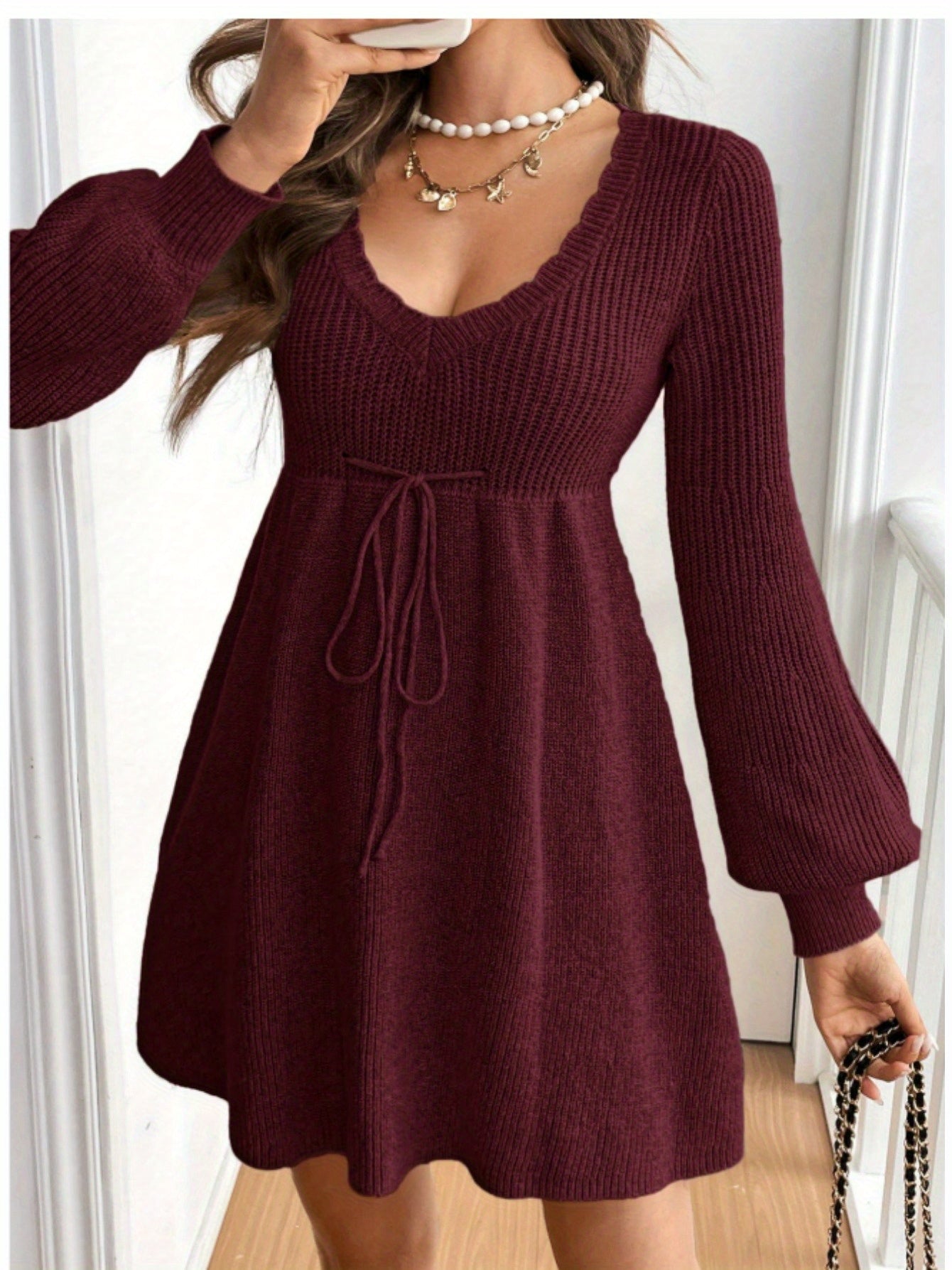 Plus Size V-Neck Red Drawstring Knit Dress for Women