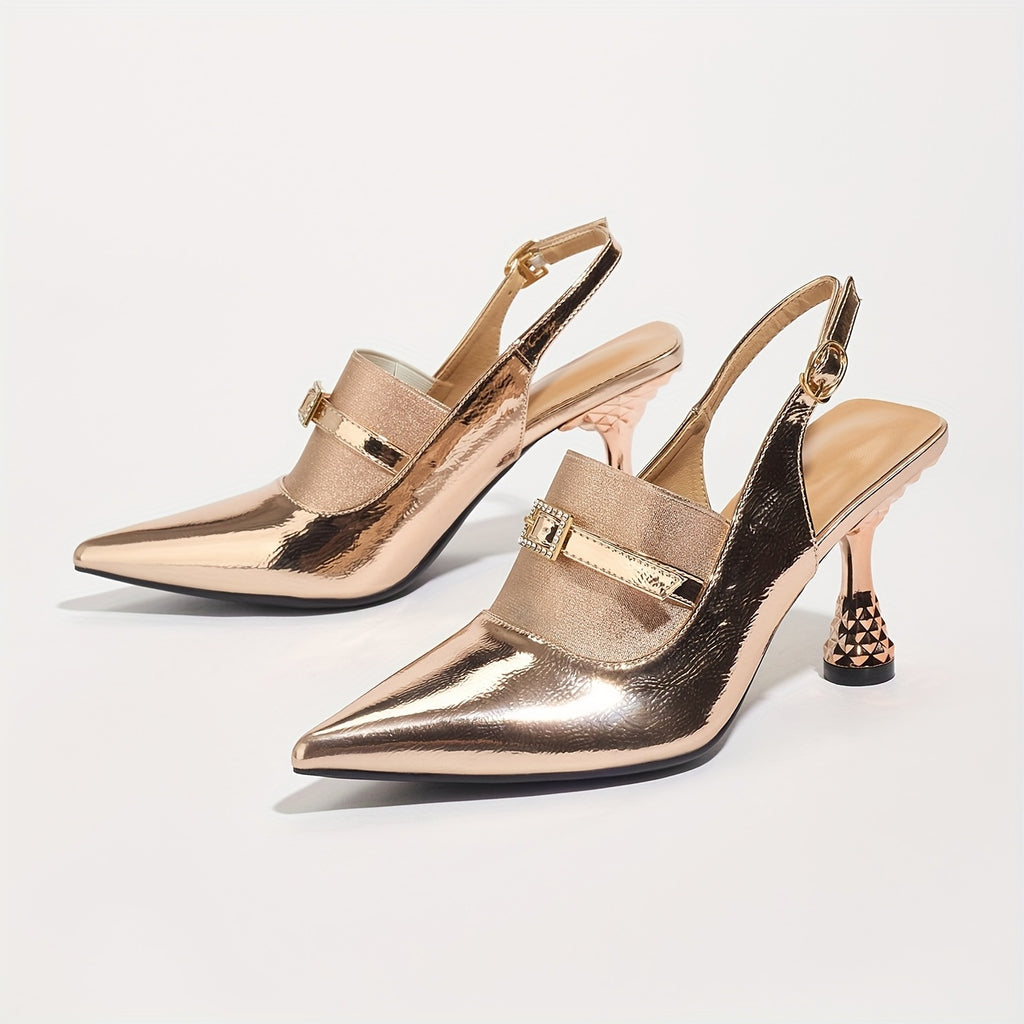 Women's Gold Pointed-Toe Stiletto Heels with Ankle Strap – High Heel Dress Shoes, Rubber Sole