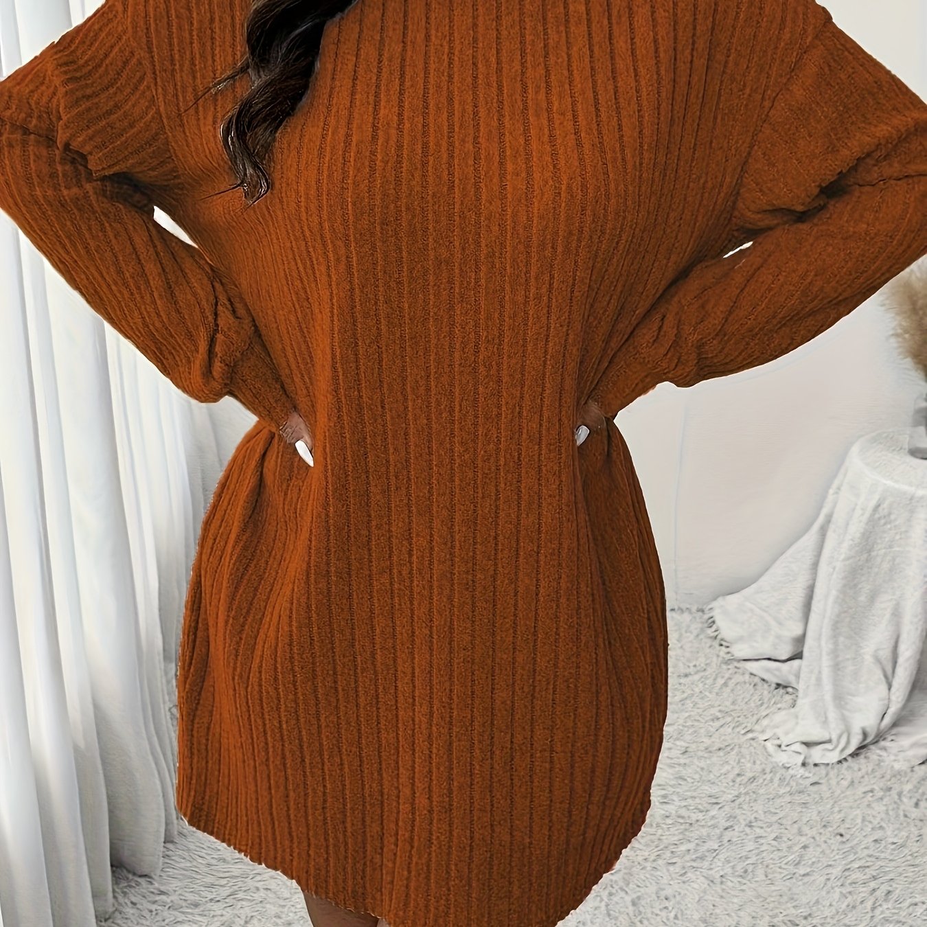 Plus Size High Neck Ribbed Knit Dress Long Sleeve Knee-Length Casual Winter Dress
