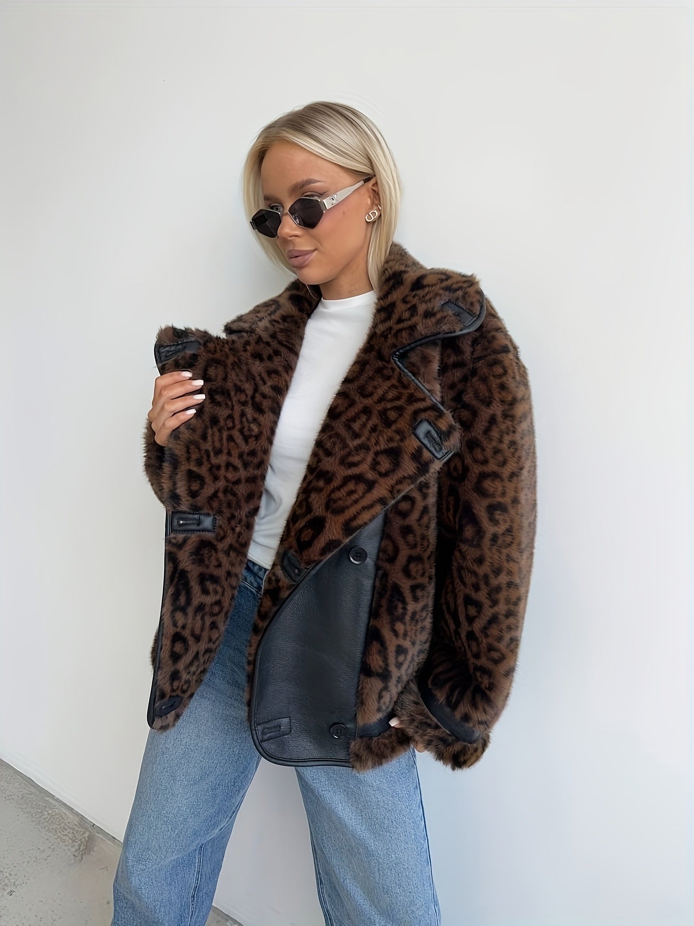 AFTF BASIC Women's Long Faux Mink Fur Jacket, Asymmetrical Hem Motorcycle Coat with Turnover Collar and Faux Fur Lining