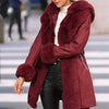 Women's Faux Fur-Trim PU Leather Hooded Coat with Belt - Warm Black Fall/Winter Jacket
