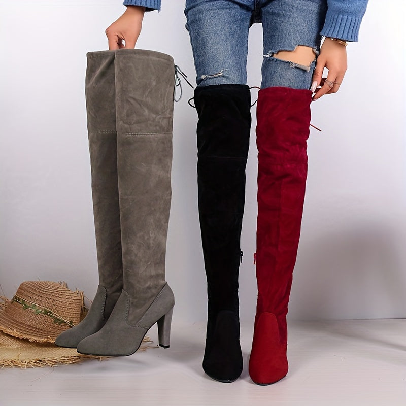 Women's Over-the-Knee Ultra-High Chunky Block Heel Boots - Furry Flannel Knee-High Zipper Winter Riding Boots