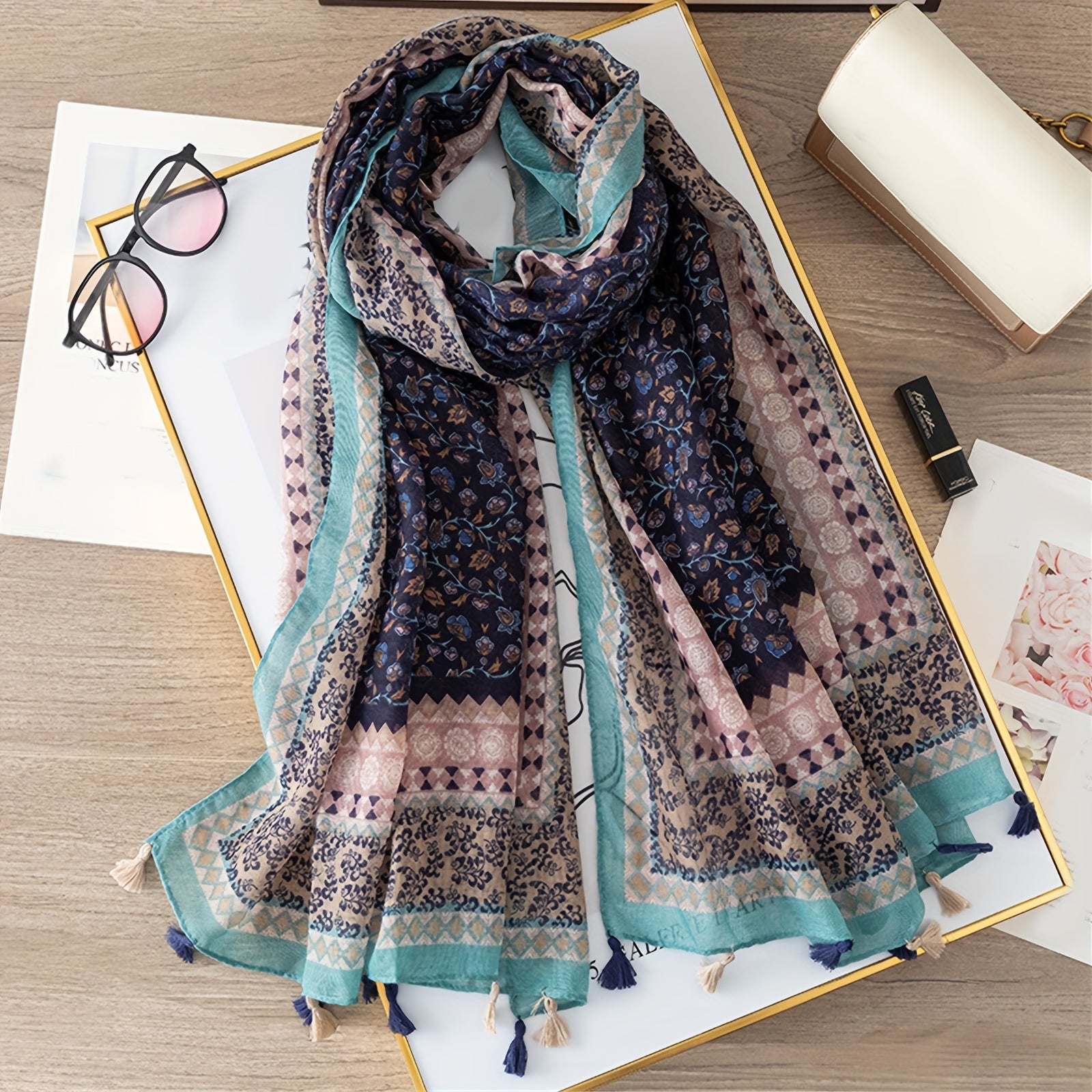 Trendy Tassel Shawl Scarf 180 x 90 cm (70.9 x 35.4 in) – Lightweight Printed Rectangular Women's Scarf, Beach Wrap & Headscarf