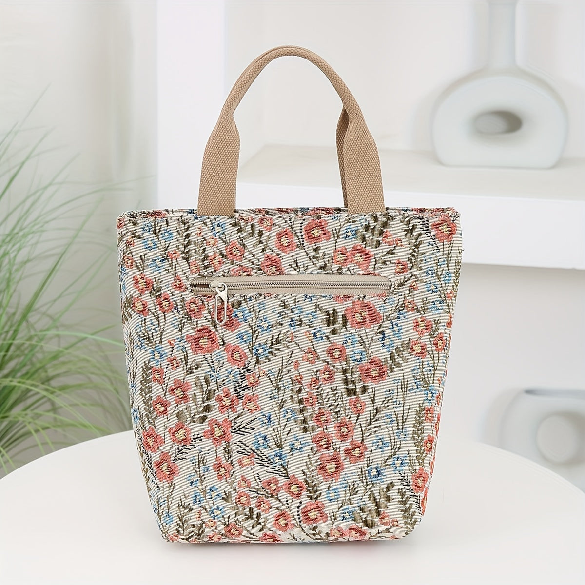 DLIU Vintage Floral Nylon Bucket Handbag – Large Capacity Foldable Tote with Zipper & Back Pocket, Sturdy Shoulder Straps (Red/Blue)