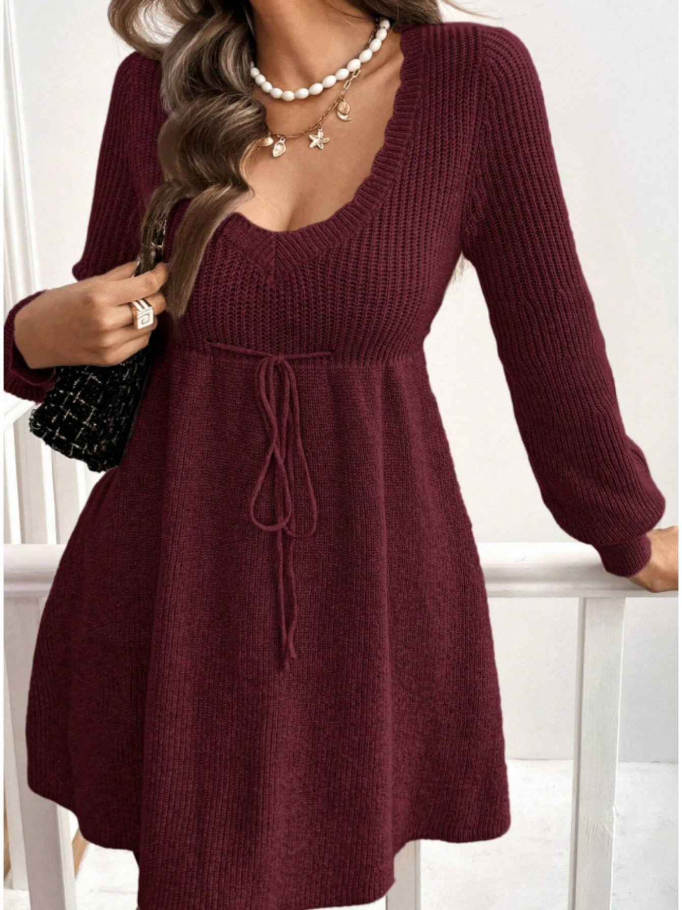 Plus Size V-Neck Red Drawstring Knit Dress for Women