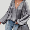 Green French Satin Tie-Front Blouse V-Neck Long Sleeve Ruched Top for Women