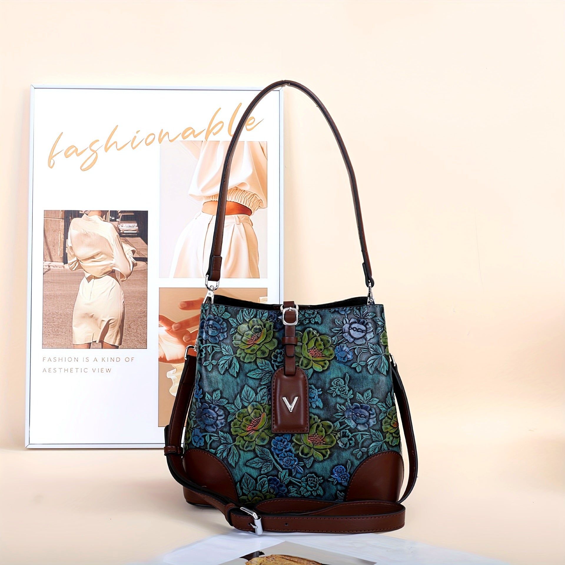 Vintage Floral Embroidered Bucket Bag – Coffee PU Crossbody with Detachable Strap & Zipper, Lightweight Large-Capacity Retro Handbag