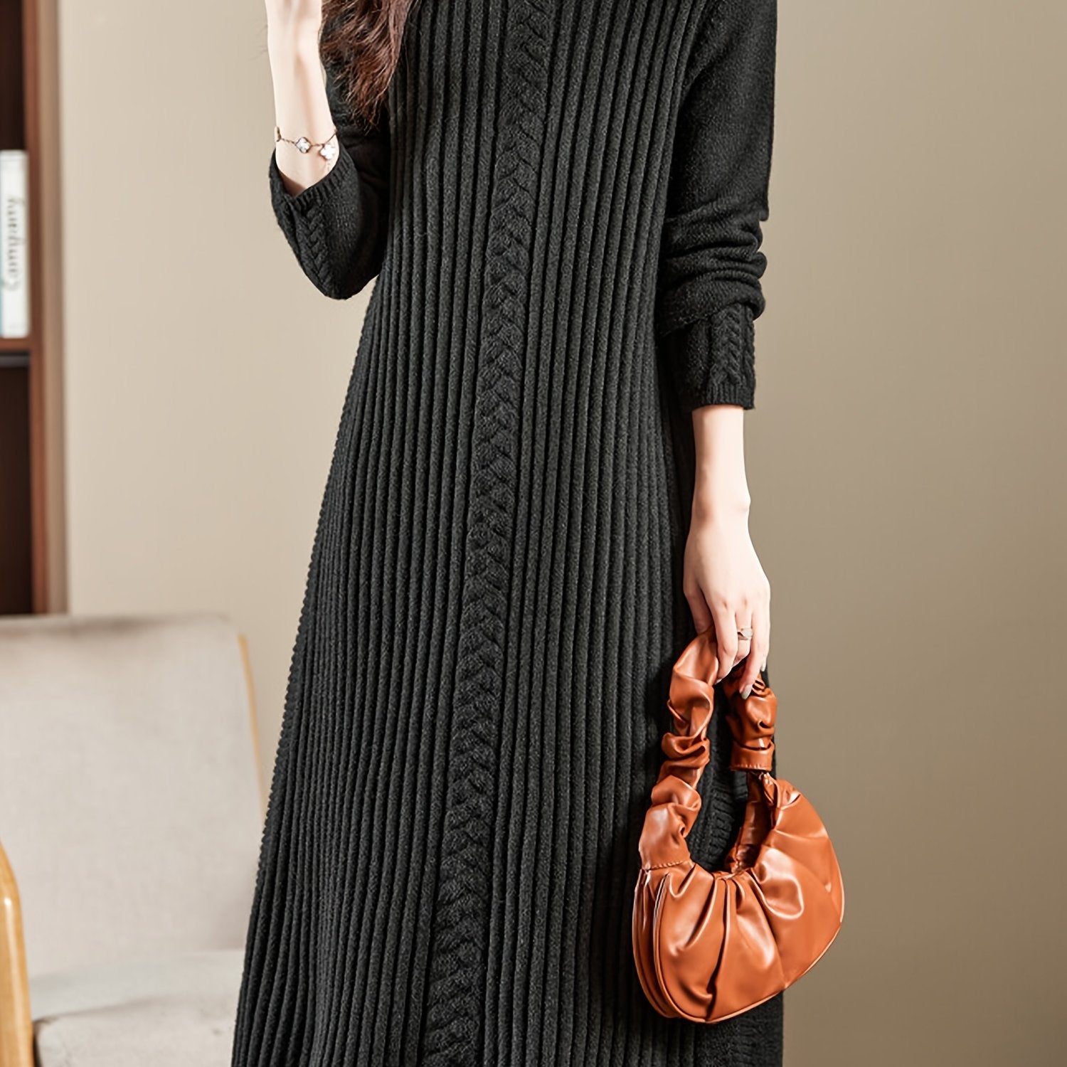 Women's High Neck Long Sleeve Knit Midi Dress - Soft Acrylic Blend, Regular Fit