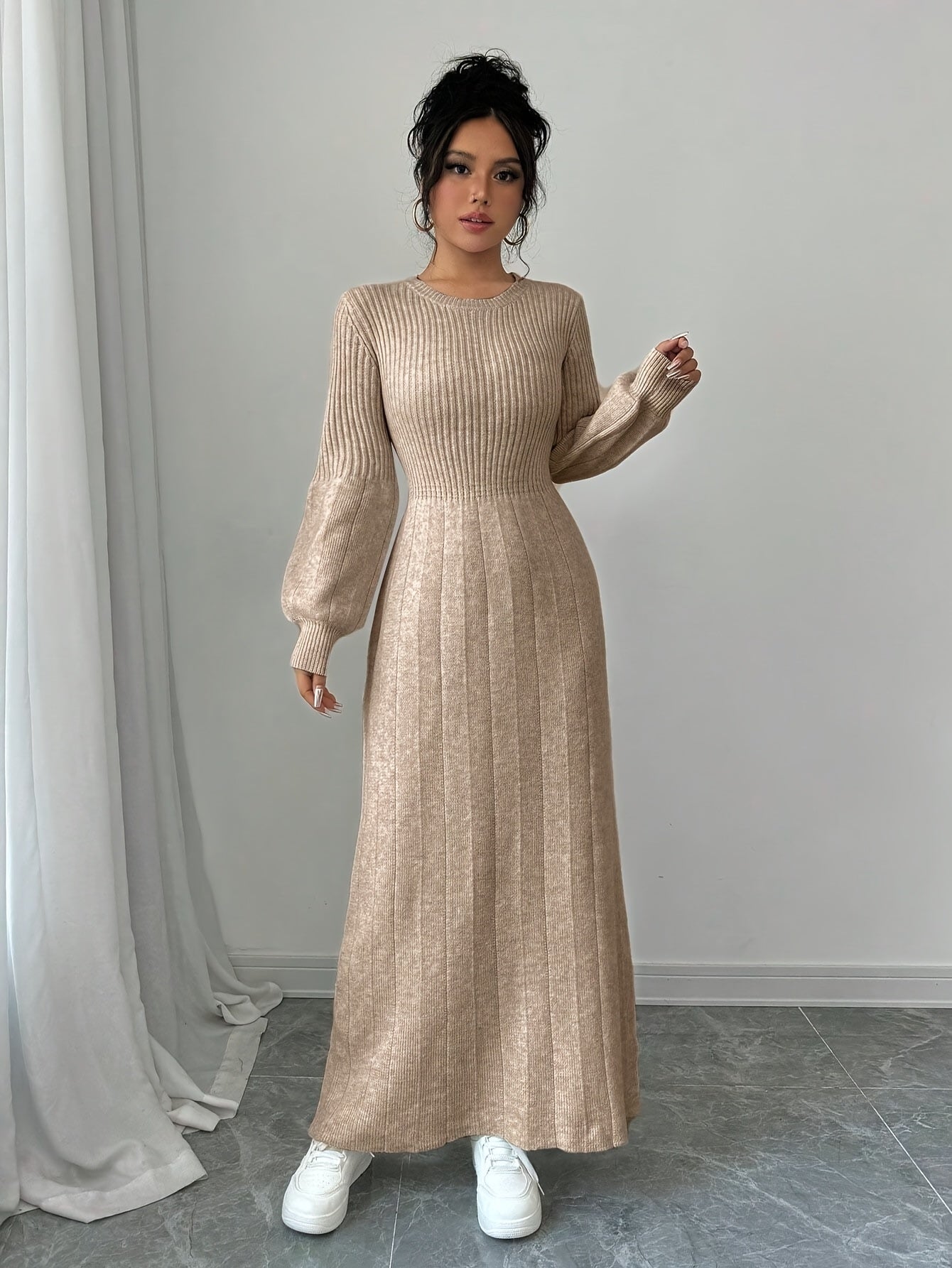 Beige Knit Sweater Dress with Lantern Sleeves, Long High-Neck Ribbed Fall Winter Dress for Women