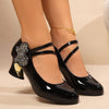 Women's Red Mary Jane Heels with Sparkling Bow & Rhinestone Accent — Chunky Block Heel, Round Toe, Synthetic Upper & Rubber Sole