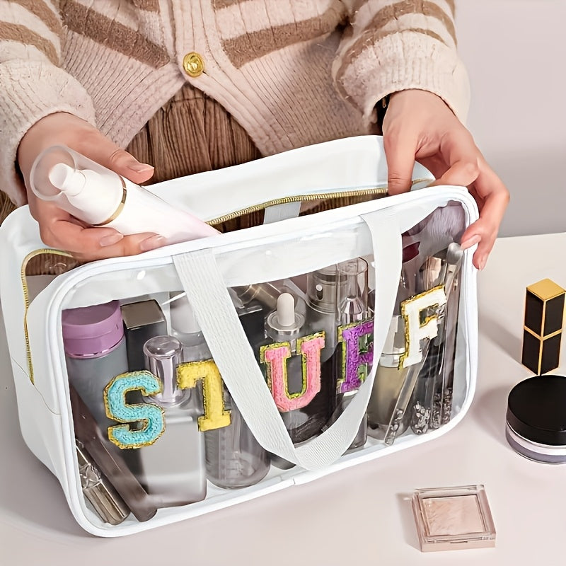 Large Transparent Makeup Organizer Bag with SURF Embroidery | Foldable Travel Cosmetic Pouch with Double-Handle Zipper