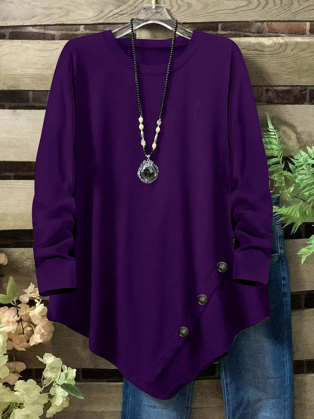 Plus Size Women's Loose Fit Long Sleeve Top with Button Detail, Round Neck & Asymmetrical Hem