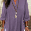 Plus Size Faux Denim Blouse with Decorative Buttons & Tassel Knot Front High-Low Hem Spring/Summer Polyester Blend