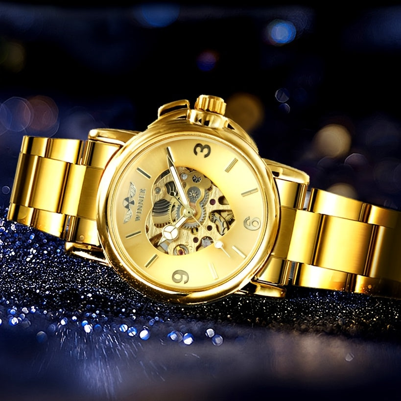 T-WINNER Women's Automatic Mechanical Watch – Luxury Gold Skeleton Dial, Luminous Hands, Stainless Steel Strap with Folding Safety Clasp