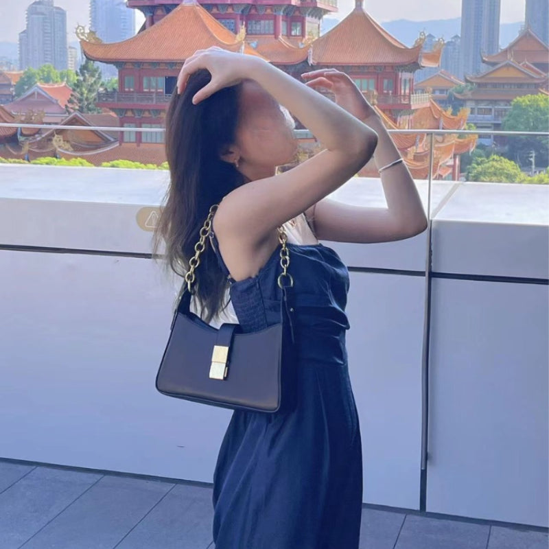 Women's Split Leather Underarm Baguette Bag — Minimalist Crescent Shoulder Crossbody with Zip Closure & Adjustable Strap