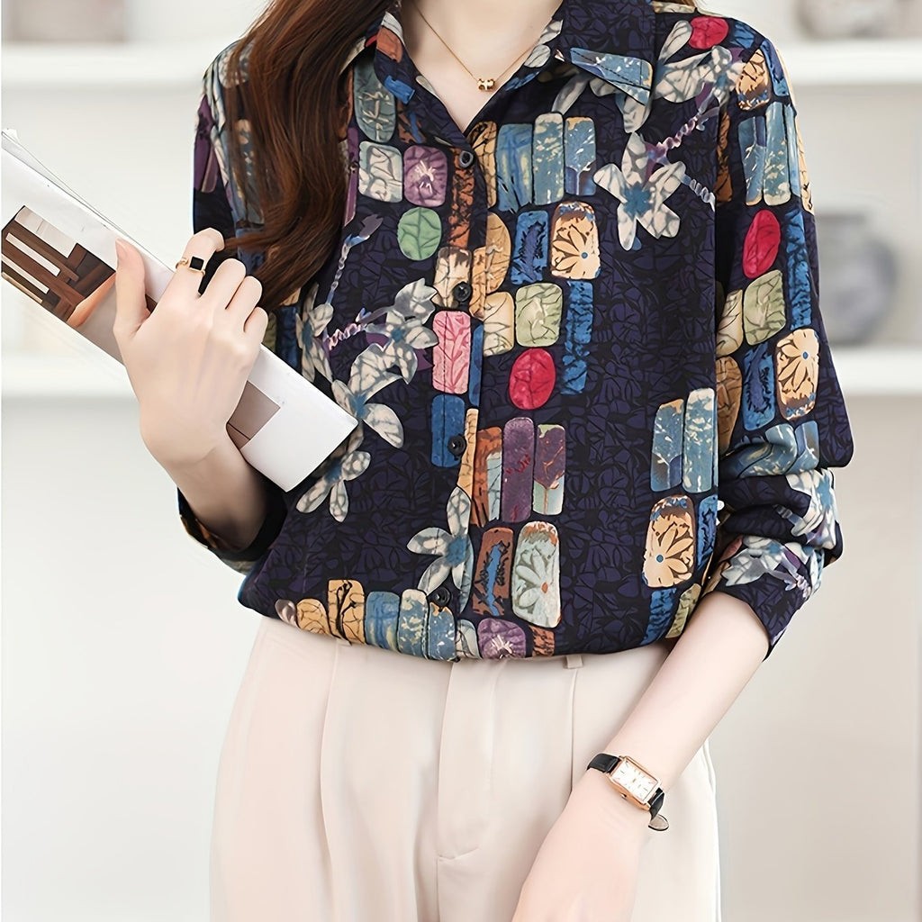 Floral Lapel Collar Shirt for Women — Flattering Slimming Long-Sleeve Button Blouse, Machine Washable for Spring & Fall
