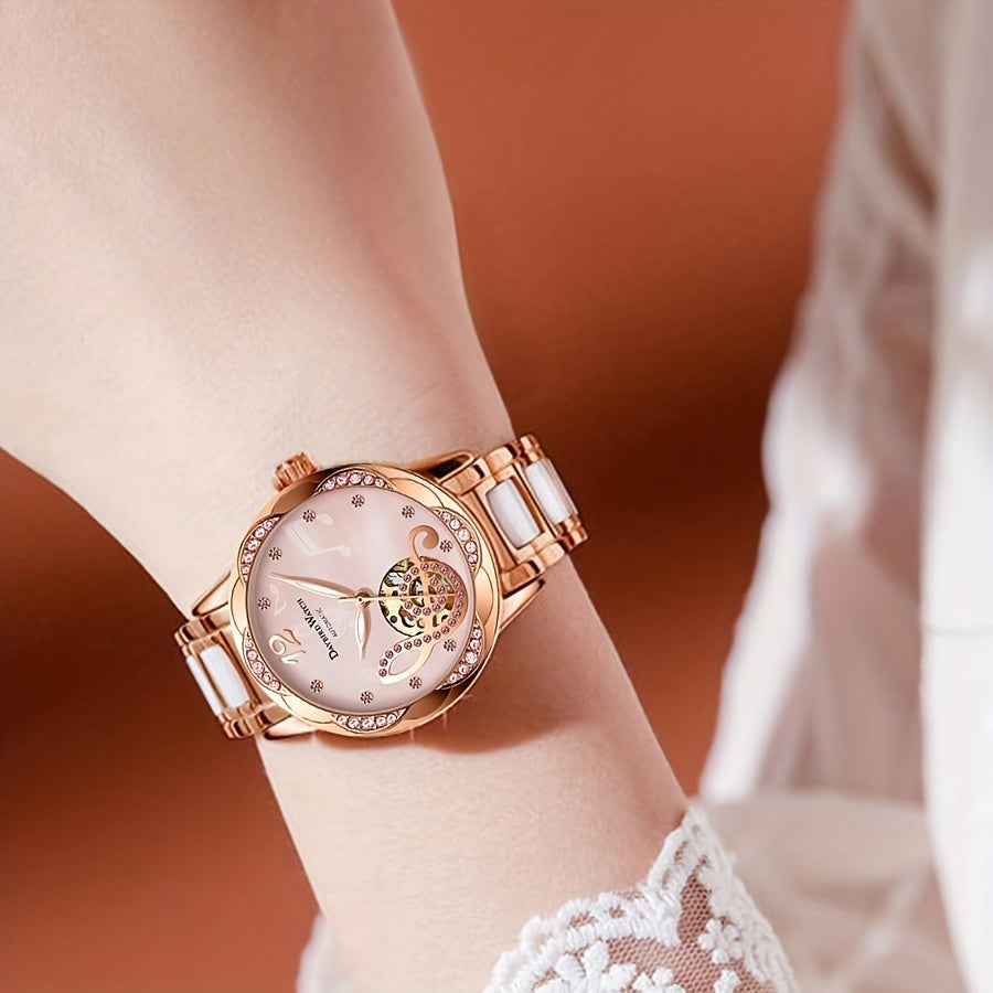 Women's Rose Gold Mechanical Skeleton Watch – Pink Dial, Roman Numerals, Hand-Winding Dress Watch