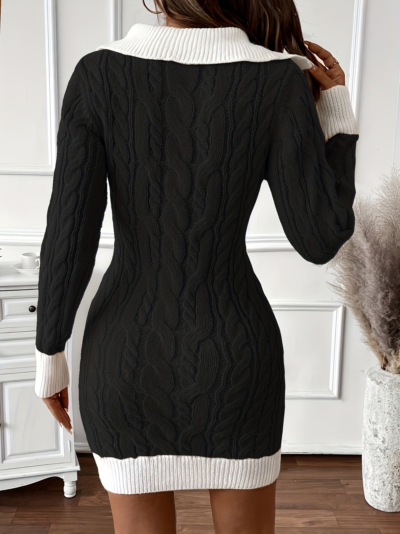 Women's Color-Block Slim-Fit Sweater Dress - Long Sleeve Round Neck Knit, Machine Washable
