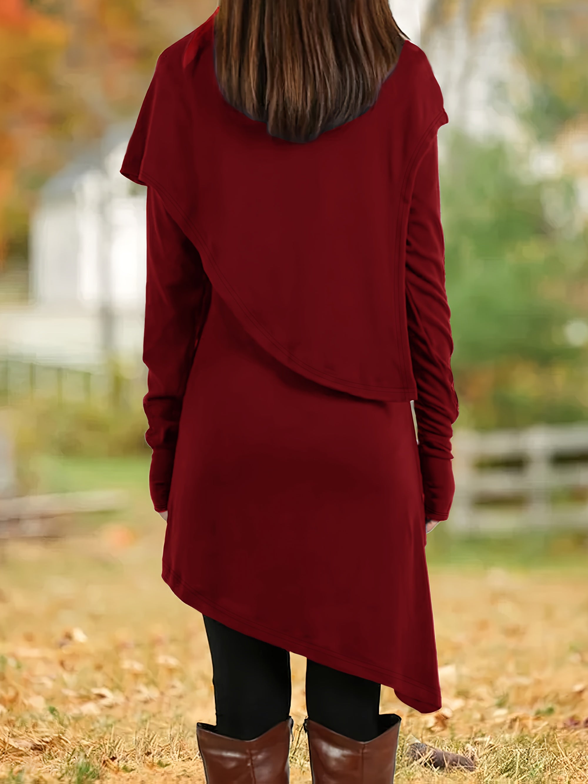 Women's Asymmetrical High-Neck Long Sleeve Tunic Dress, Knit Polyester Pencil Skirt, All-Season Casual