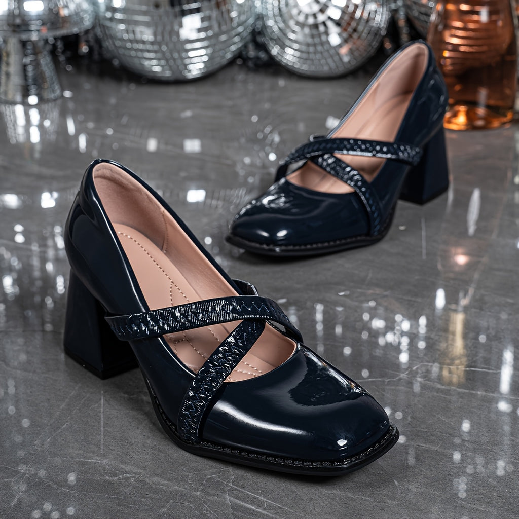 Black Square Toe Chunky Heel Pumps for Women | Slip-Resistant Block Heels with Decorative Straps & Buckles