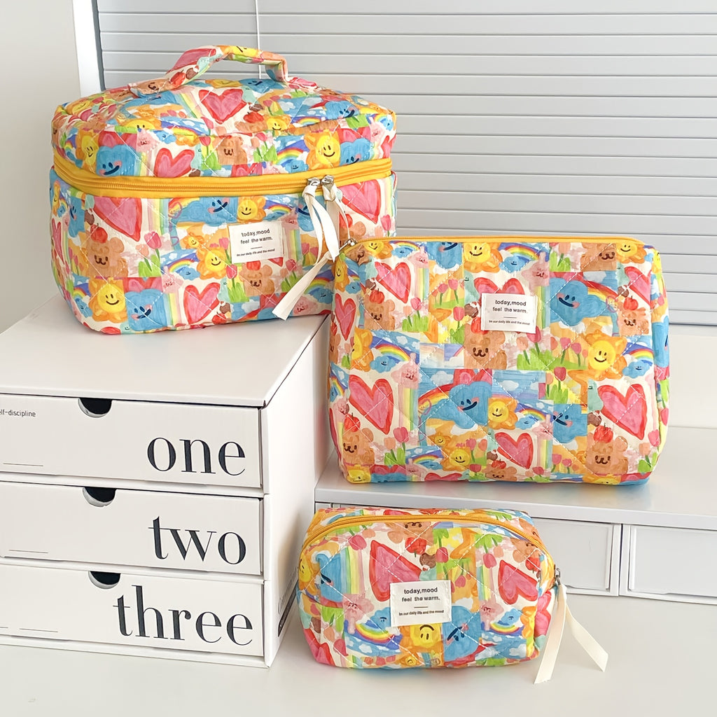 Cute Pastel Makeup Bag for Women - Faces, Hearts & Bears Cosmetic Pouch with Zipper, Lightweight Travel Toiletry Case