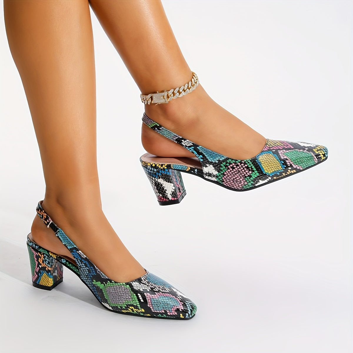 Women's Snakeskin Ankle-Strap Block Heel Square Toe Slip-On Sandals