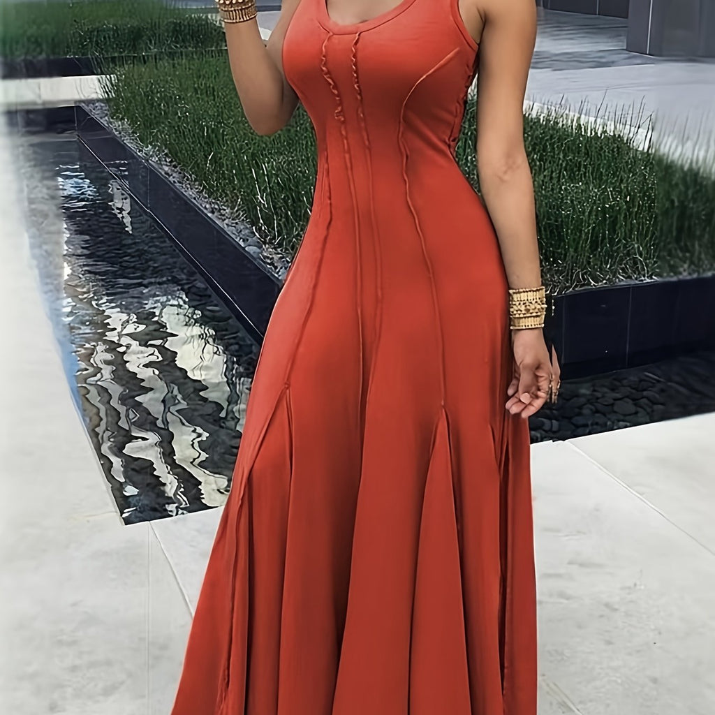 Women's Solid Color Knit Scoop Neck Sleeveless Fit and Flare Dress – All-Season Stretch Polyester (95% Polyester, 5% Elastane, 190 g/m²)