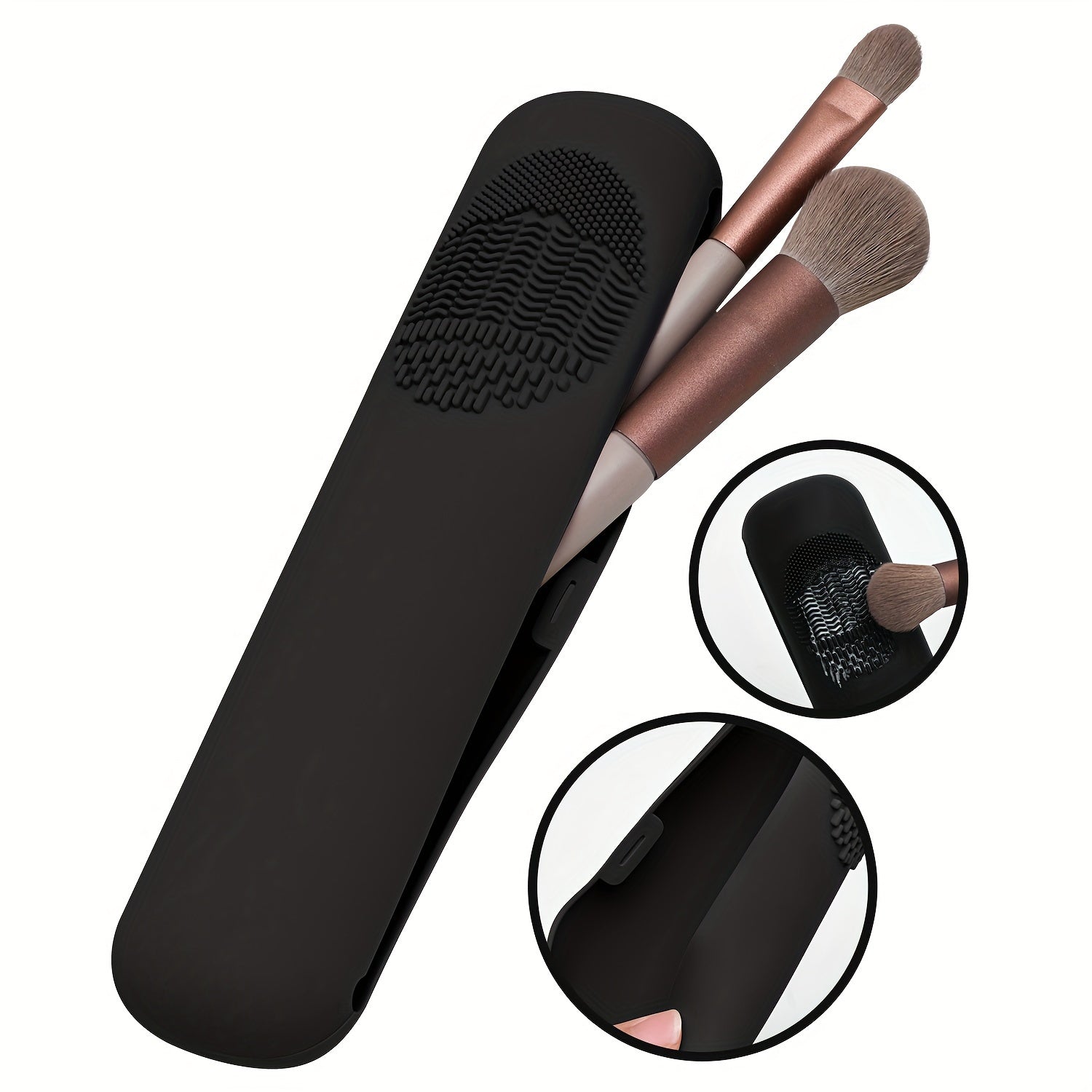 Beige Silicone Travel Makeup Brush Holder - Magnetic Closure, Anti-Fall Portable Makeup Brush Organizer