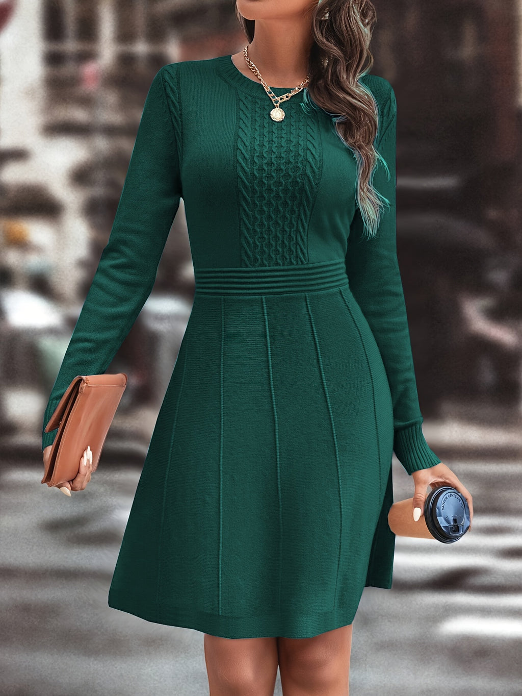 Women's Autumn/Winter Knit A-Line Dress Slim Round Neck Casual Elegant for Date & Daily Wear