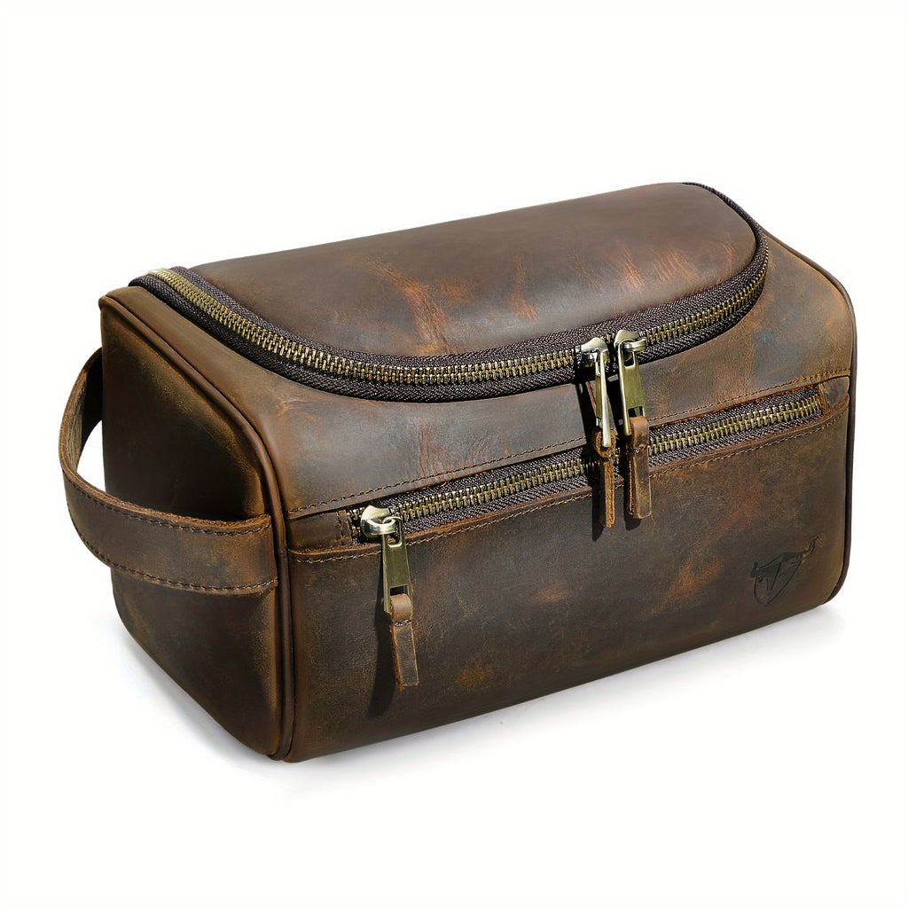 Top-Grain Cowhide Leather Men's Retro Dopp Kit Toiletry Bag – Zippered Multi-Compartment