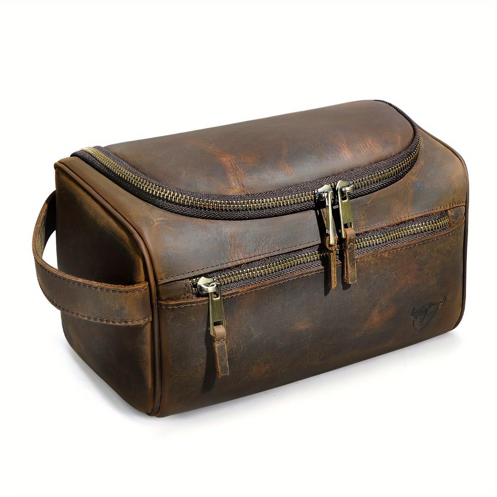 Top-Grain Cowhide Leather Men's Retro Dopp Kit Toiletry Bag – Zippered Multi-Compartment