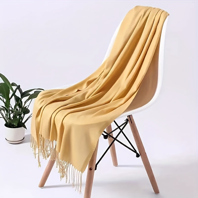 Elegant Tassel Scarf Shawl Wrap – Soft Faux Cashmere Feel, Solid Colors (White/Black/Red/Multi), 200 cm (79 in)